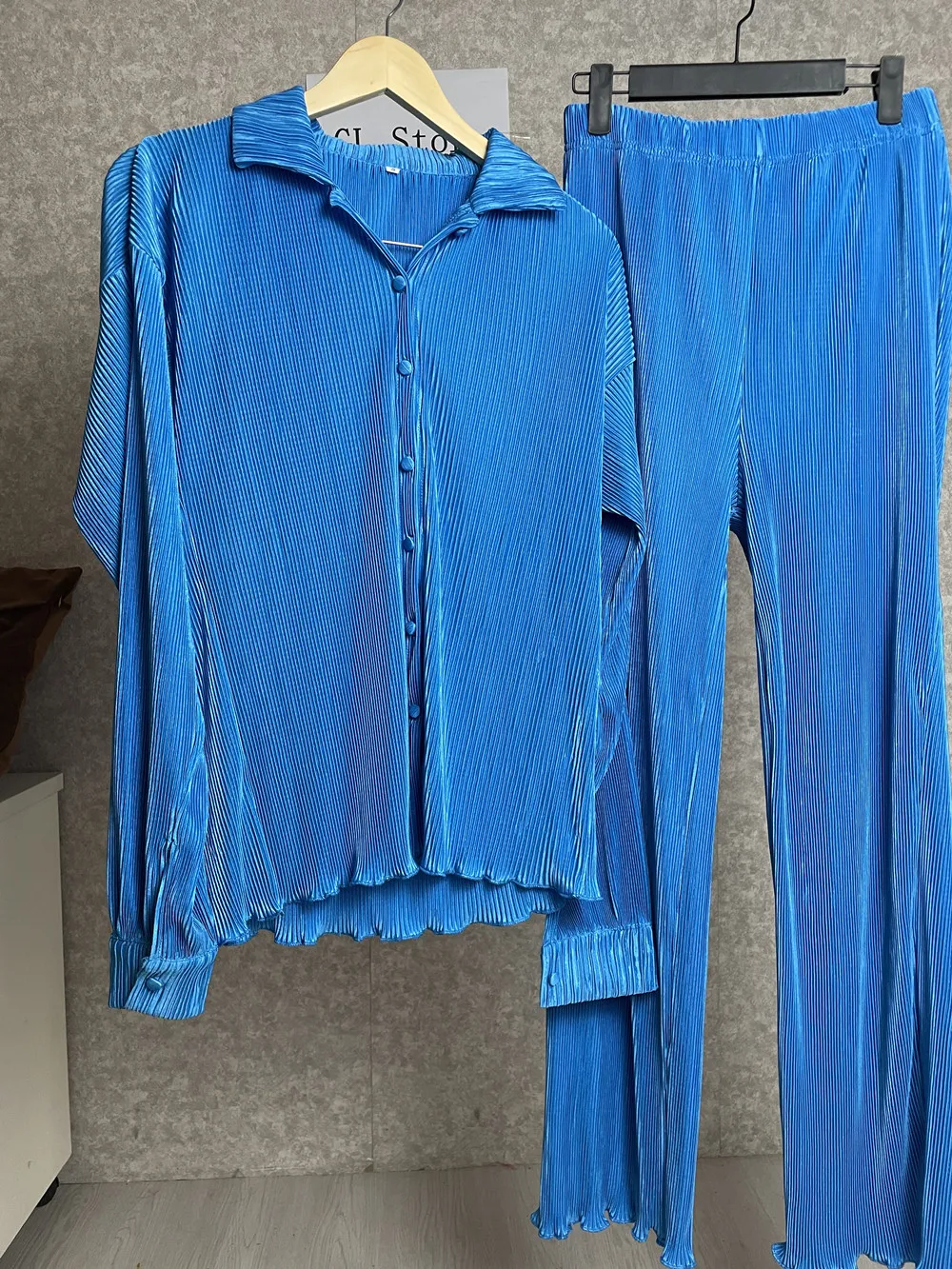 CM.YAYA Pleated Solid Women Set Long Sleeve Shirts and Straight Wide Leg Pants Suits Tracksuit Two Piece Set Fitness Outfits