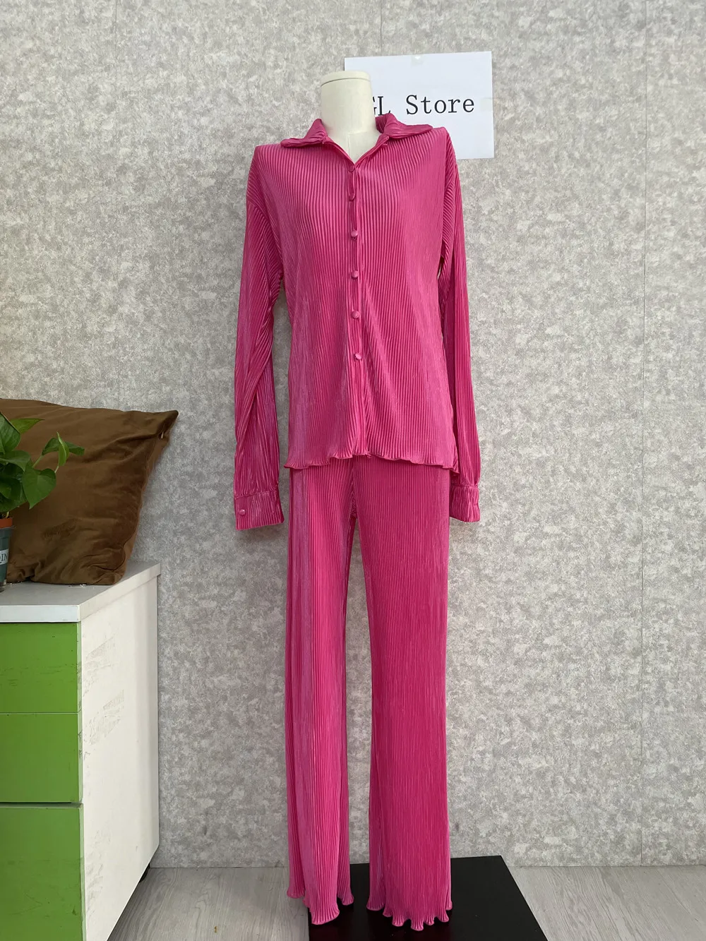 CM.YAYA Pleated Solid Women Set Long Sleeve Shirts and Straight Wide Leg Pants Suits Tracksuit Two Piece Set Fitness Outfits