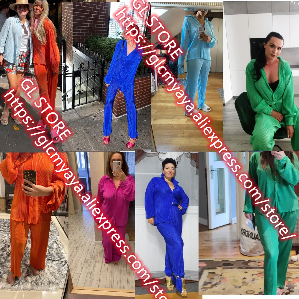CM.YAYA Pleated Solid Women Set Long Sleeve Shirts and Straight Wide Leg Pants Suits Tracksuit Two Piece Set Fitness Outfits