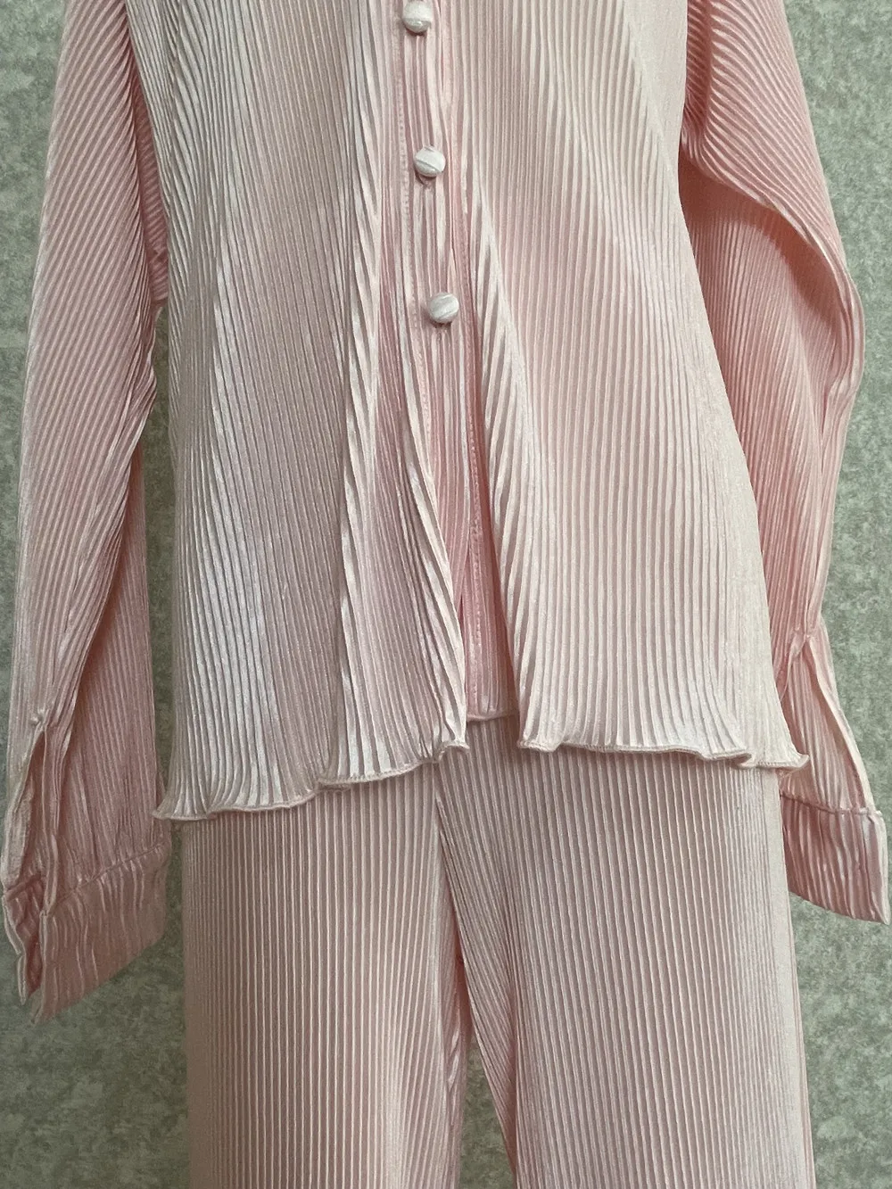 CM.YAYA Pleated Solid Women Set Long Sleeve Shirts and Straight Wide Leg Pants Suits Tracksuit Two Piece Set Fitness Outfits