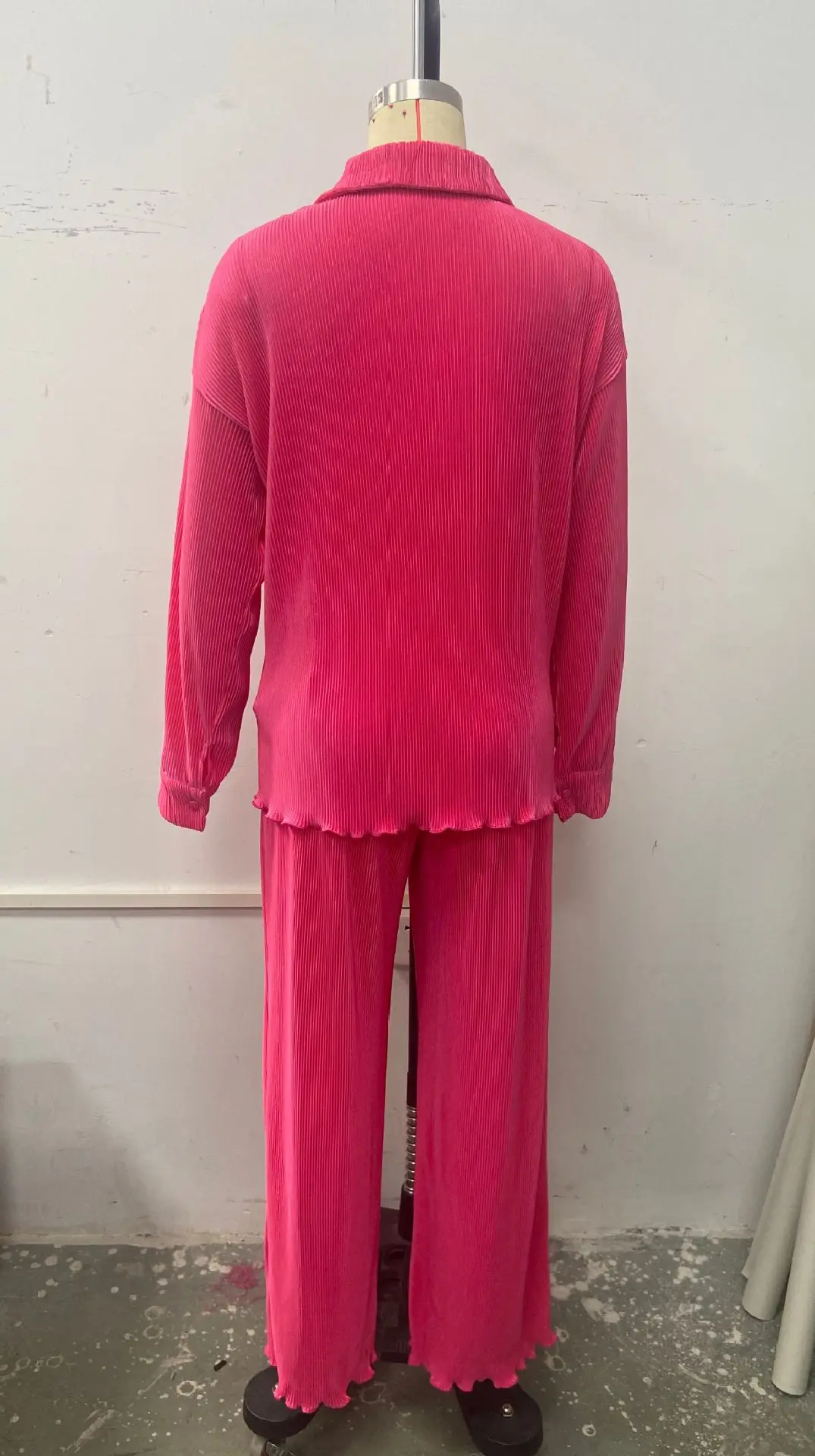 CM.YAYA Pleated Solid Women Set Long Sleeve Shirts and Straight Wide Leg Pants Suits Tracksuit Two Piece Set Fitness Outfits