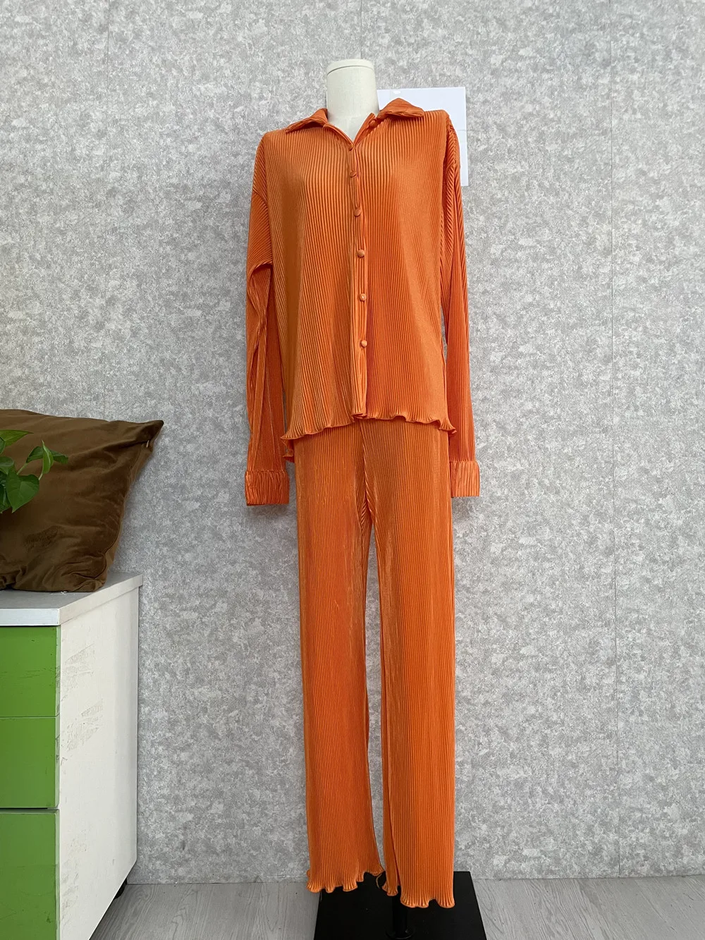 CM.YAYA Pleated Solid Women Set Long Sleeve Shirts and Straight Wide Leg Pants Suits Tracksuit Two Piece Set Fitness Outfits