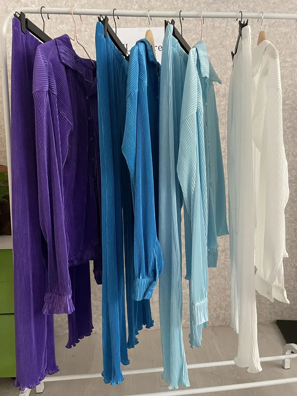 CM.YAYA Pleated Solid Women Set Long Sleeve Shirts and Straight Wide Leg Pants Suits Tracksuit Two Piece Set Fitness Outfits