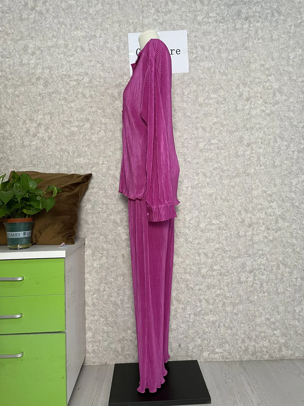 CM.YAYA Pleated Solid Women Set Long Sleeve Shirts and Straight Wide Leg Pants Suits Tracksuit Two Piece Set Fitness Outfits