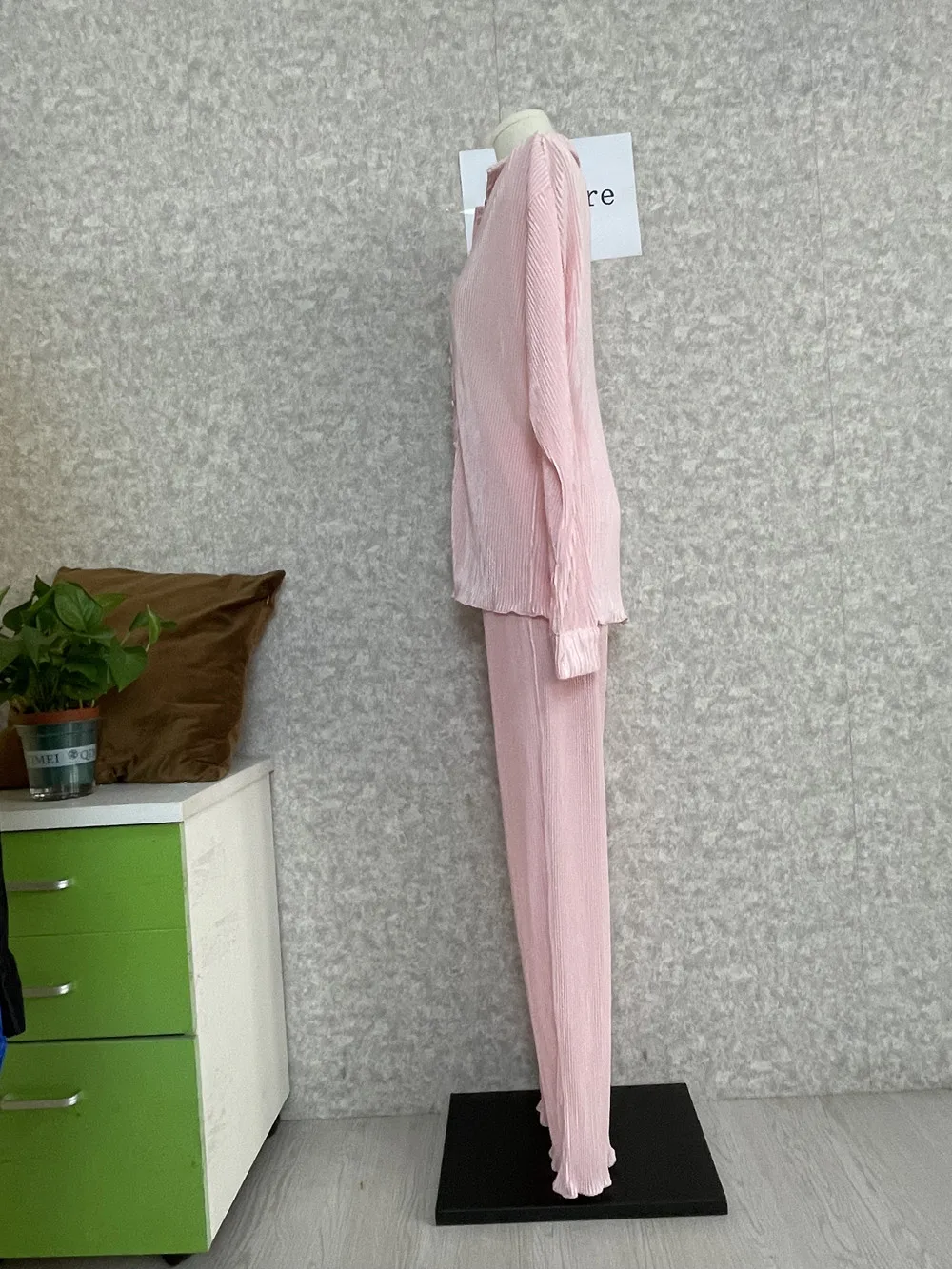 CM.YAYA Pleated Solid Women Set Long Sleeve Shirts and Straight Wide Leg Pants Suits Tracksuit Two Piece Set Fitness Outfits