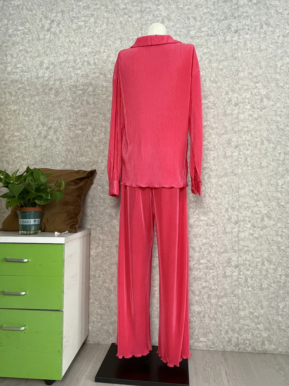 CM.YAYA Pleated Solid Women Set Long Sleeve Shirts and Straight Wide Leg Pants Suits Tracksuit Two Piece Set Fitness Outfits