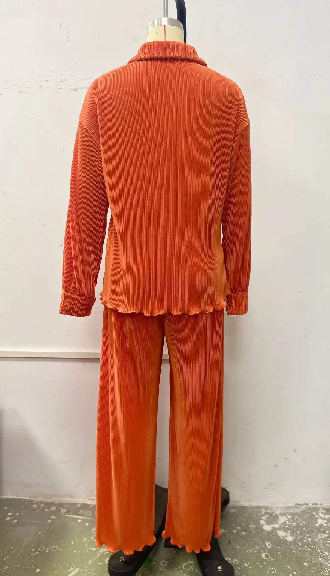 CM.YAYA Pleated Solid Women Set Long Sleeve Shirts and Straight Wide Leg Pants Suits Tracksuit Two Piece Set Fitness Outfits