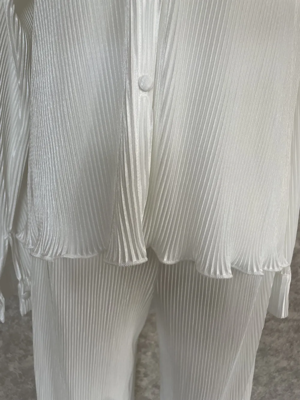 CM.YAYA Pleated Solid Women Set Long Sleeve Shirts and Straight Wide Leg Pants Suits Tracksuit Two Piece Set Fitness Outfits