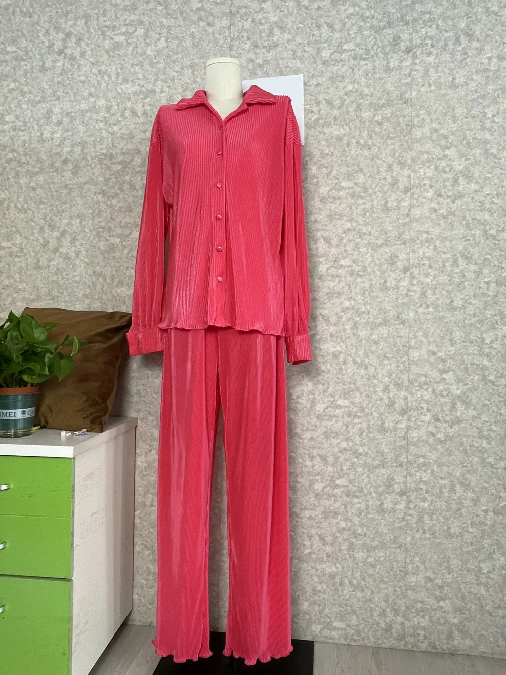 CM.YAYA Pleated Solid Women Set Long Sleeve Shirts and Straight Wide Leg Pants Suits Tracksuit Two Piece Set Fitness Outfits