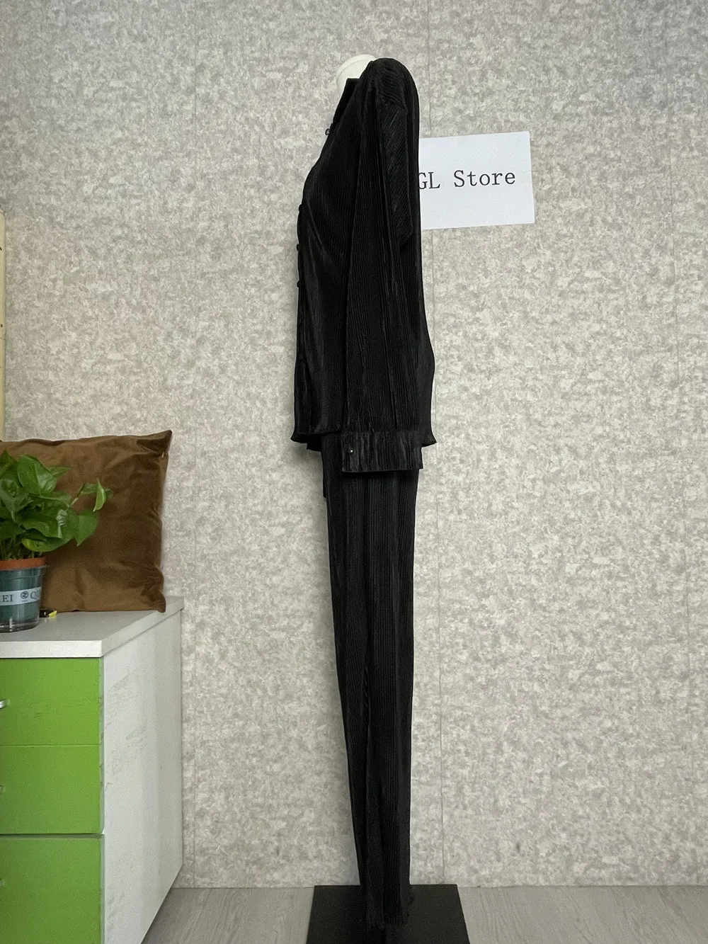 CM.YAYA Pleated Solid Women Set Long Sleeve Shirts and Straight Wide Leg Pants Suits Tracksuit Two Piece Set Fitness Outfits