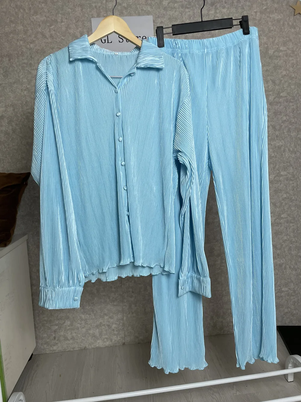 CM.YAYA Pleated Solid Women Set Long Sleeve Shirts and Straight Wide Leg Pants Suits Tracksuit Two Piece Set Fitness Outfits