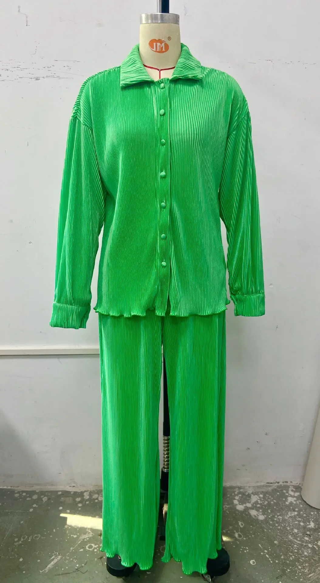 CM.YAYA Pleated Solid Women Set Long Sleeve Shirts and Straight Wide Leg Pants Suits Tracksuit Two Piece Set Fitness Outfits