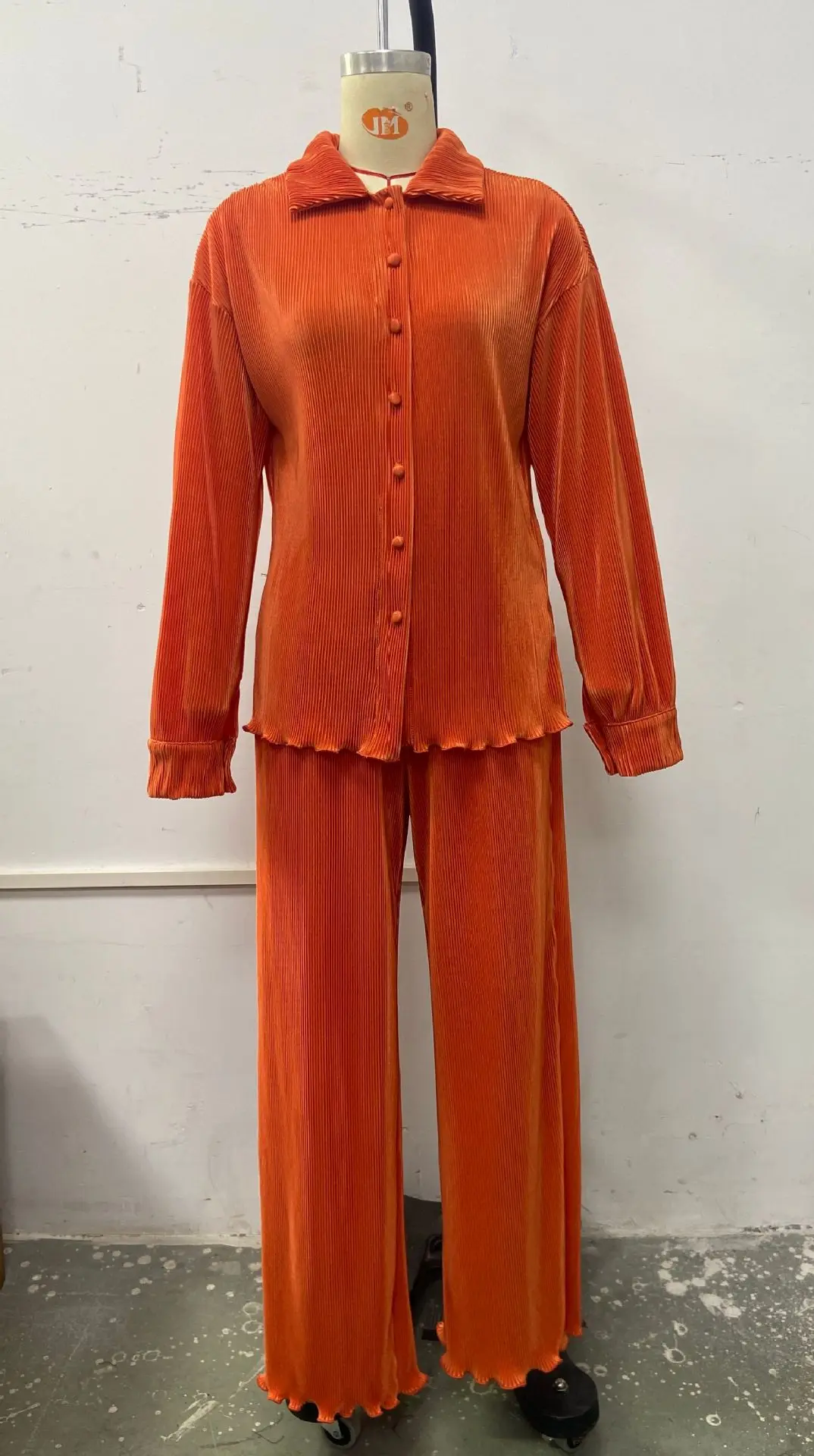 CM.YAYA Pleated Solid Women Set Long Sleeve Shirts and Straight Wide Leg Pants Suits Tracksuit Two Piece Set Fitness Outfits