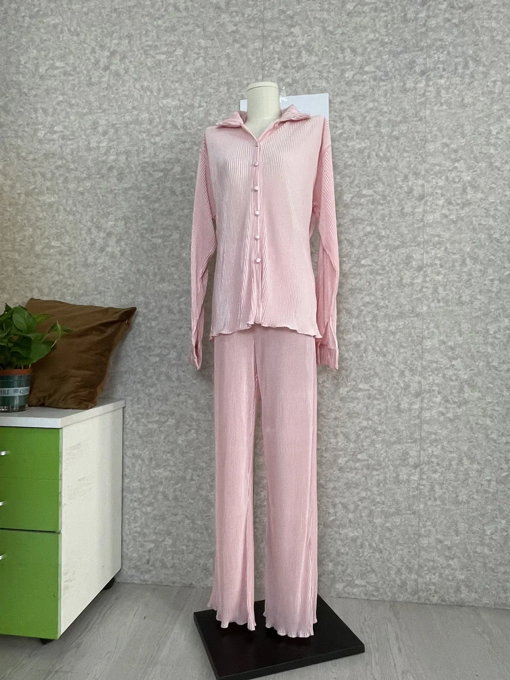 CM.YAYA Pleated Solid Women Set Long Sleeve Shirts and Straight Wide Leg Pants Suits Tracksuit Two Piece Set Fitness Outfits