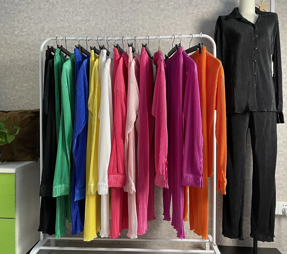 CM.YAYA Pleated Solid Women Set Long Sleeve Shirts and Straight Wide Leg Pants Suits Tracksuit Two Piece Set Fitness Outfits