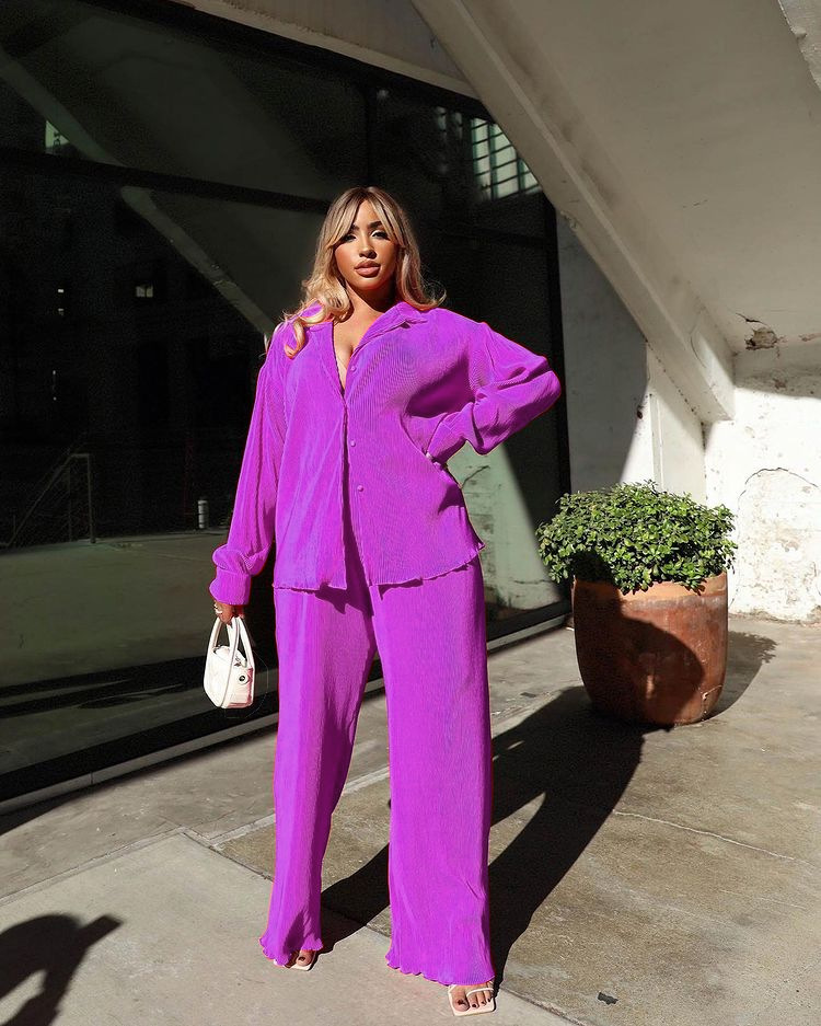 CM.YAYA Pleated Solid Women Set Long Sleeve Shirts and Straight Wide Leg Pants Suits Tracksuit Two Piece Set Fitness Outfits