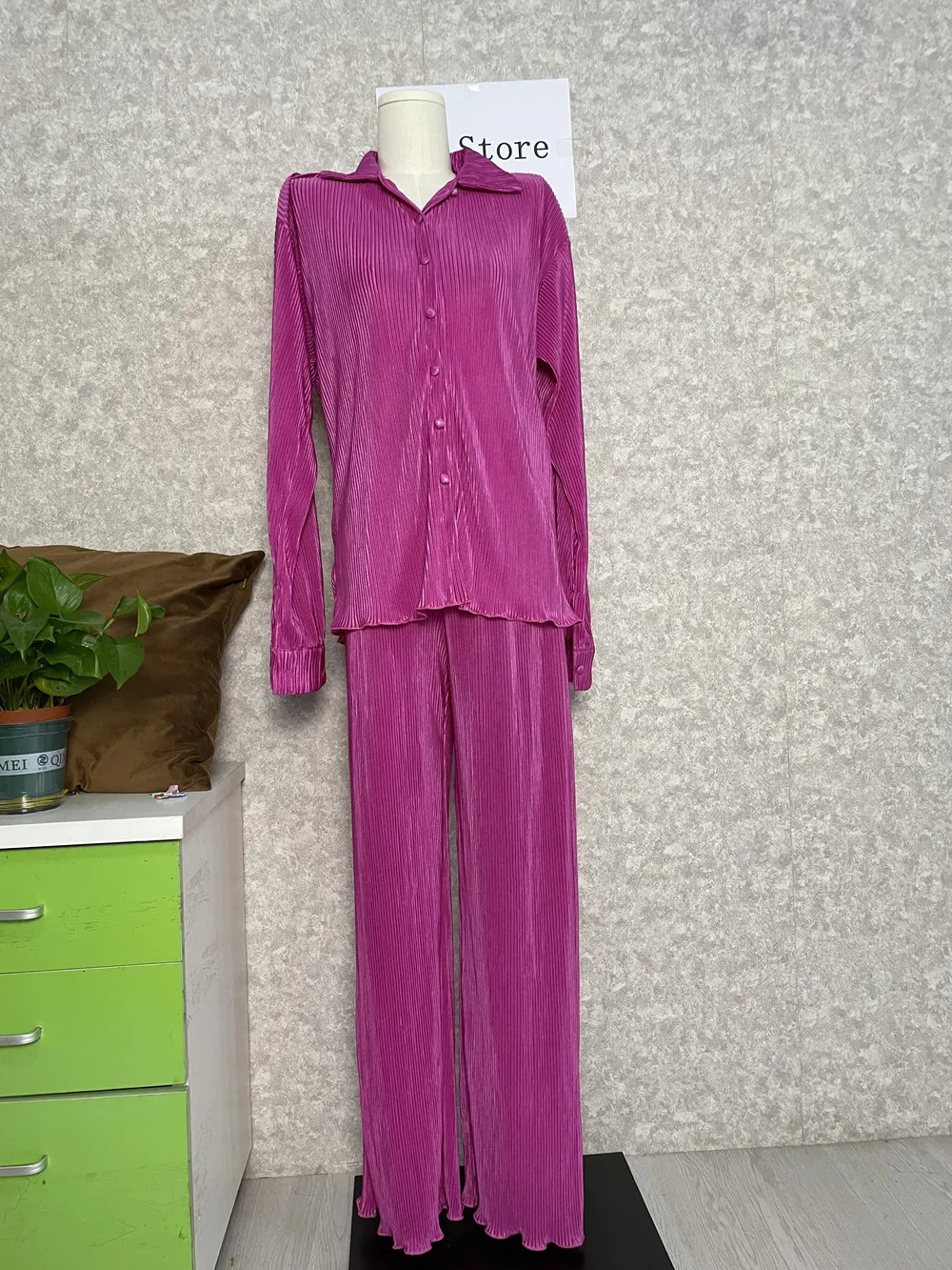 CM.YAYA Pleated Solid Women Set Long Sleeve Shirts and Straight Wide Leg Pants Suits Tracksuit Two Piece Set Fitness Outfits