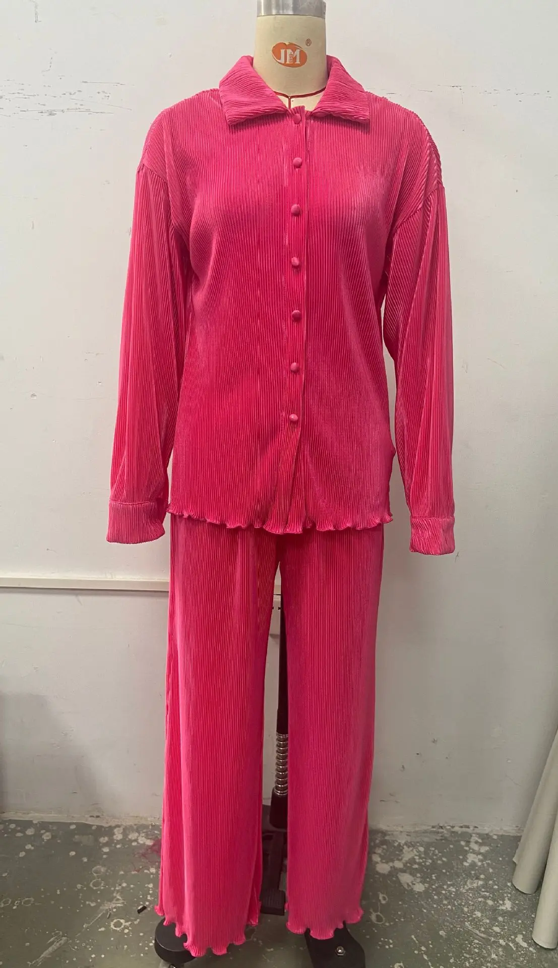 CM.YAYA Pleated Solid Women Set Long Sleeve Shirts and Straight Wide Leg Pants Suits Tracksuit Two Piece Set Fitness Outfits