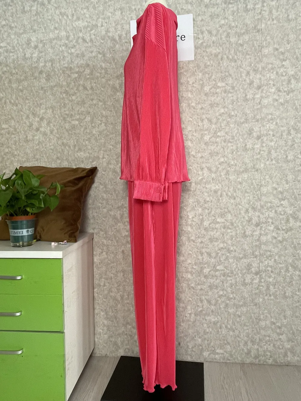 CM.YAYA Pleated Solid Women Set Long Sleeve Shirts and Straight Wide Leg Pants Suits Tracksuit Two Piece Set Fitness Outfits