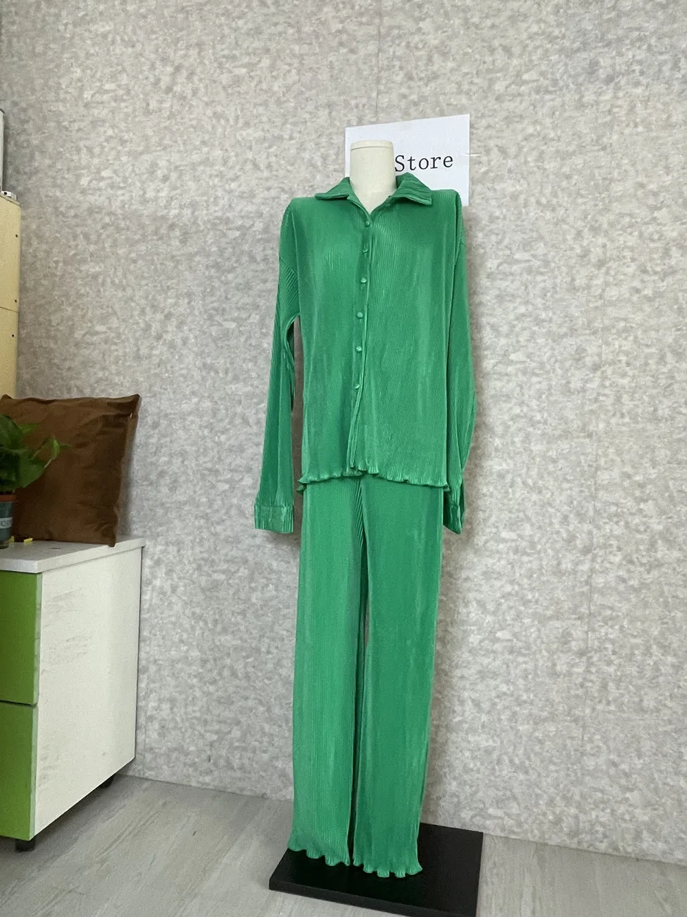 CM.YAYA Pleated Solid Women Set Long Sleeve Shirts and Straight Wide Leg Pants Suits Tracksuit Two Piece Set Fitness Outfits