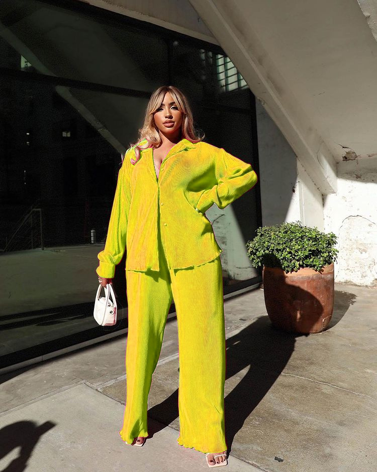 CM.YAYA Pleated Solid Women Set Long Sleeve Shirts and Straight Wide Leg Pants Suits Tracksuit Two Piece Set Fitness Outfits