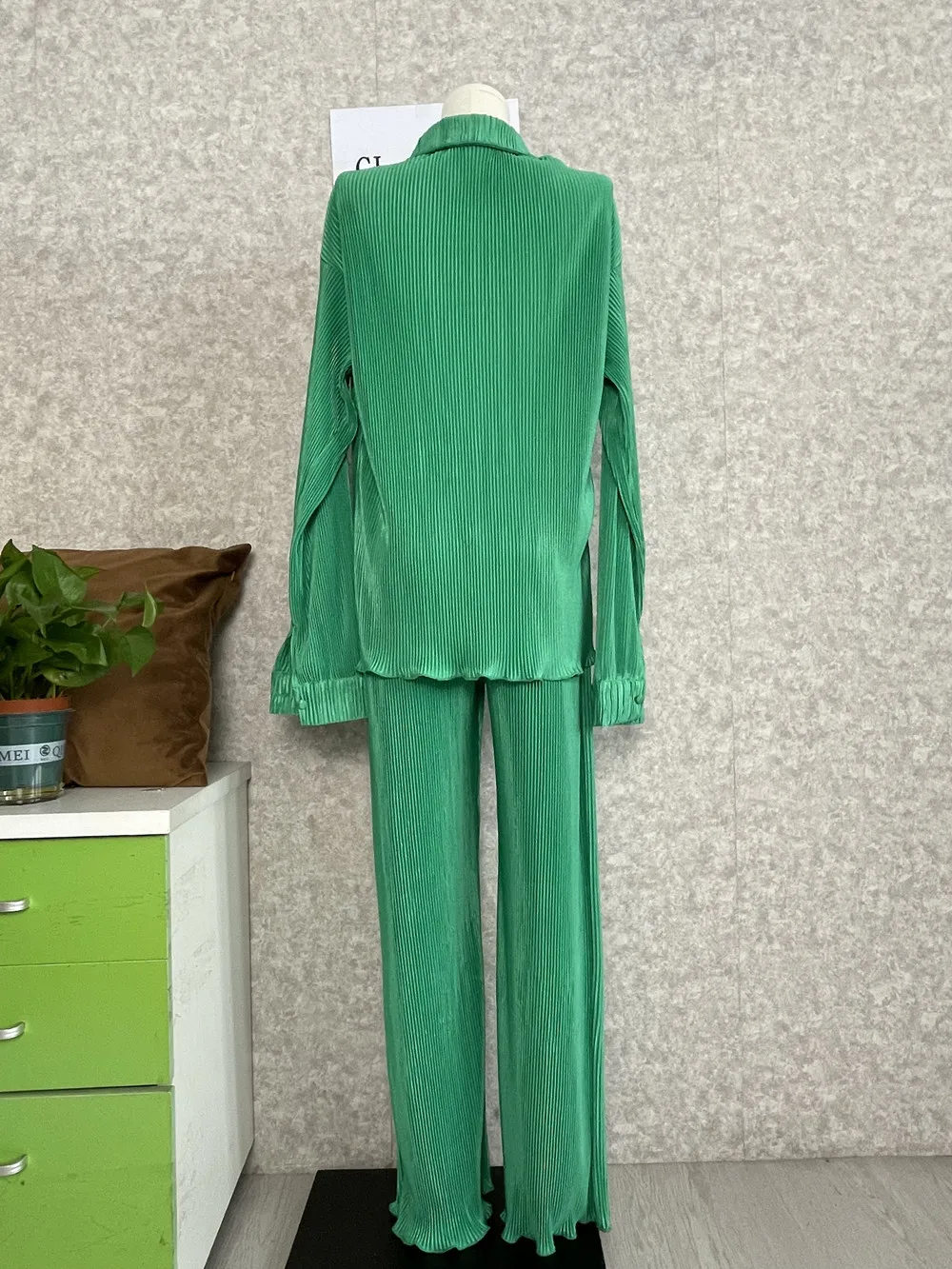 CM.YAYA Pleated Solid Women Set Long Sleeve Shirts and Straight Wide Leg Pants Suits Tracksuit Two Piece Set Fitness Outfits