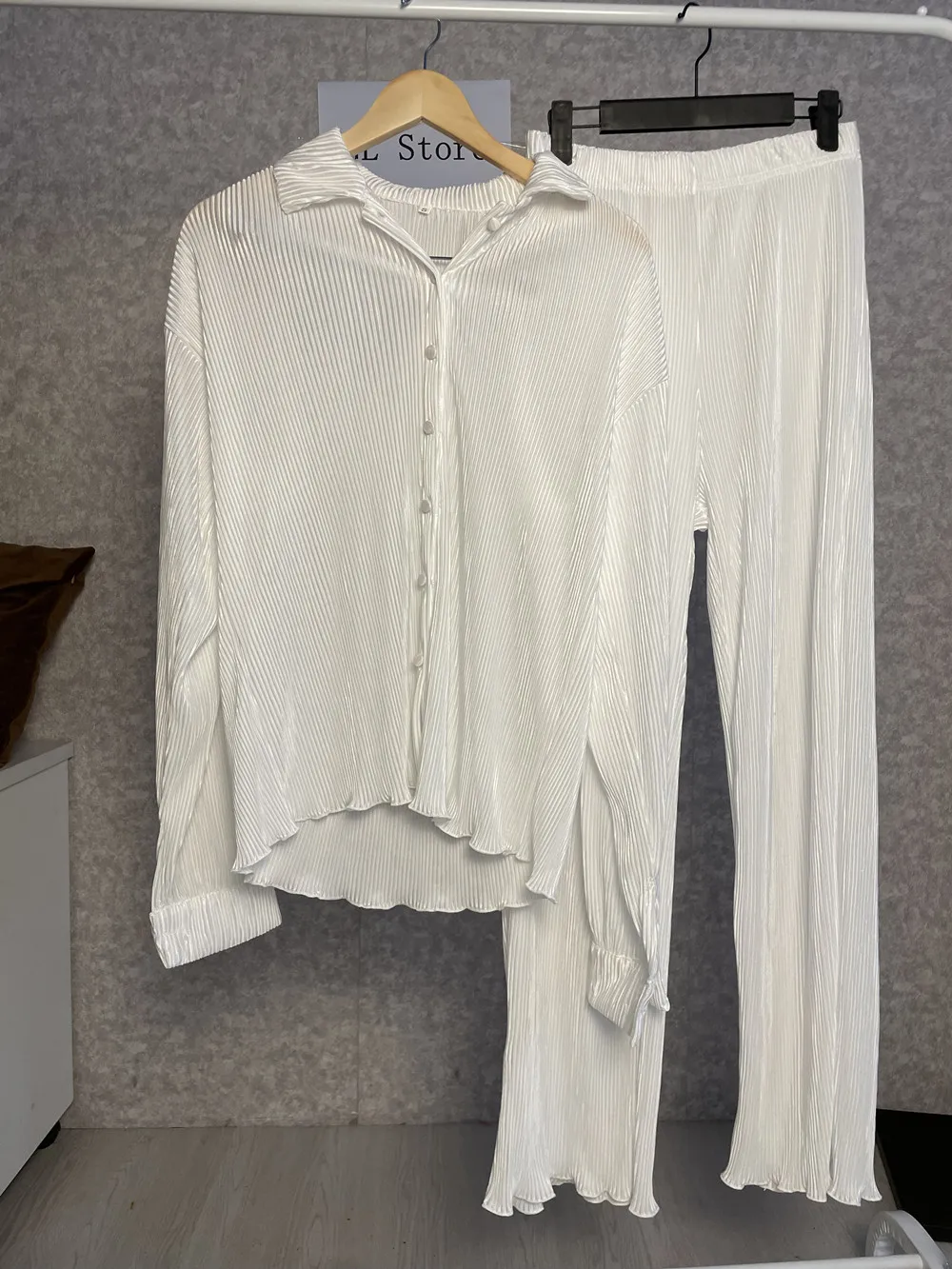 CM.YAYA Pleated Solid Women Set Long Sleeve Shirts and Straight Wide Leg Pants Suits Tracksuit Two Piece Set Fitness Outfits