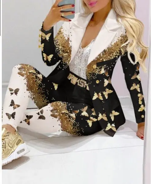 CM.YAYA Elegant INS Paisley Butterfly Blazer Suit and Pants Two 2 Piece Set  Women 2022 Autumn Winter Street Outfit Tracksuit