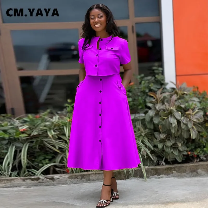 CM.YAYA Women Set Street Short Sleeve O-Neck Button Tops +midi Skirts Suits Two 2 Piece Sets 2024 Summer OL Fitness Tracksuits