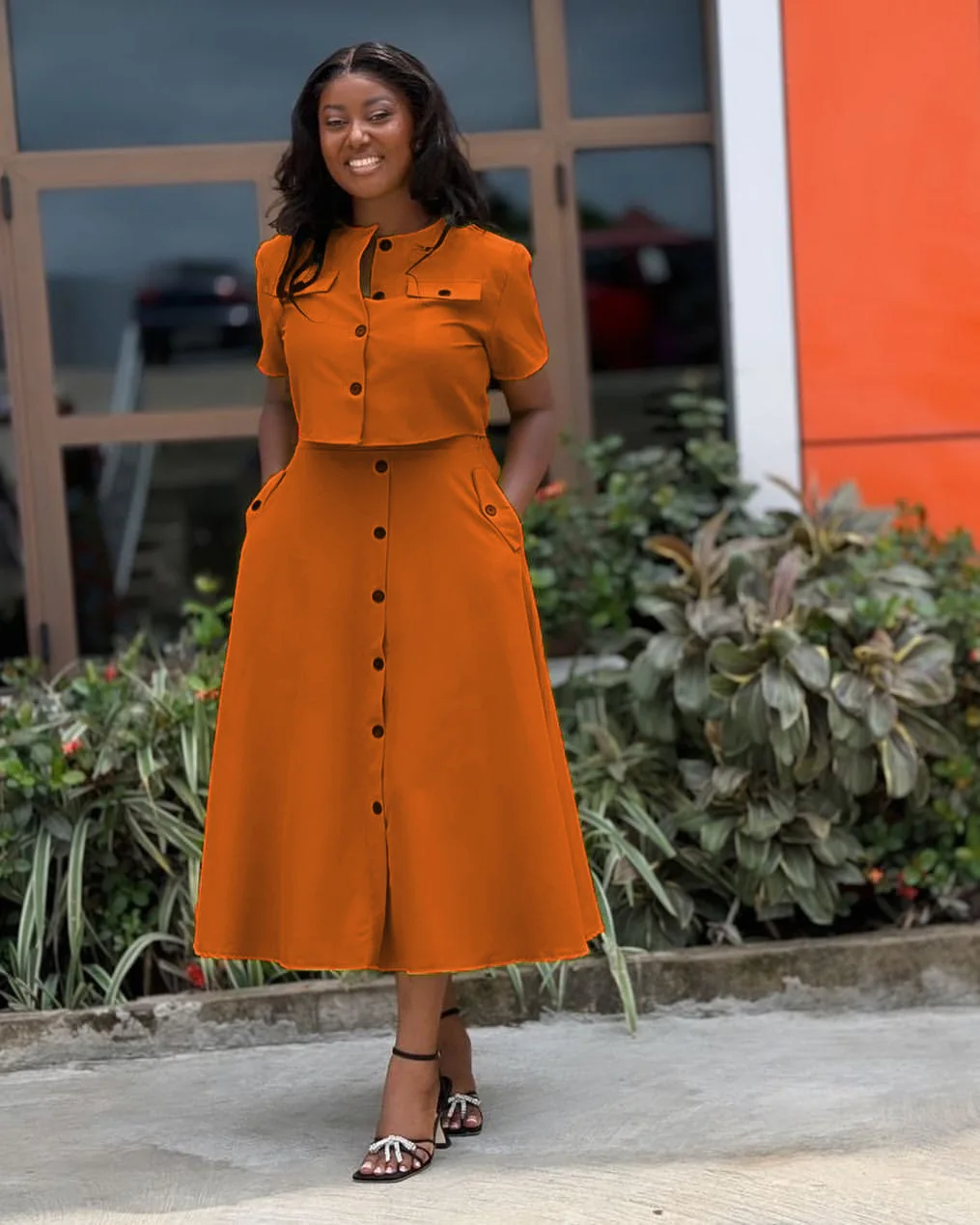 CM.YAYA Women Set Street Short Sleeve O-Neck Button Tops +midi Skirts Suits Two 2 Piece Sets 2024 Summer OL Fitness Tracksuits