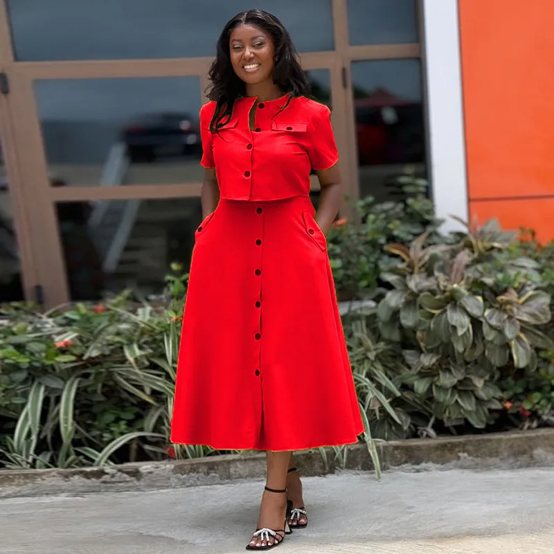 CM.YAYA Women Set Street Short Sleeve O-Neck Button Tops +midi Skirts Suits Two 2 Piece Sets 2024 Summer OL Fitness Tracksuits