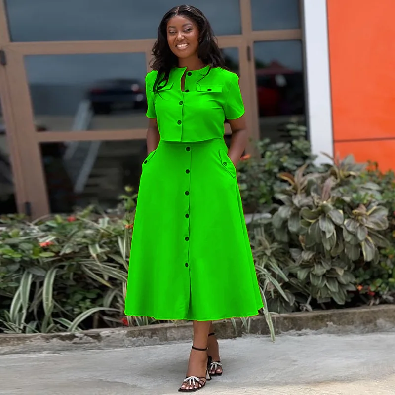 CM.YAYA Women Set Street Short Sleeve O-Neck Button Tops +midi Skirts Suits Two 2 Piece Sets 2024 Summer OL Fitness Tracksuits