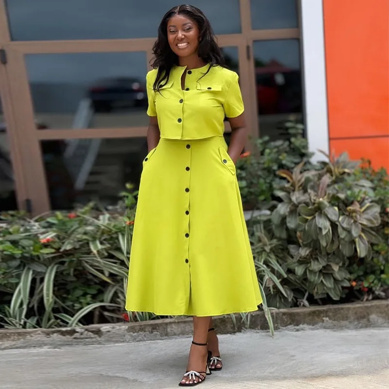 CM.YAYA Women Set Street Short Sleeve O-Neck Button Tops +midi Skirts Suits Two 2 Piece Sets 2024 Summer OL Fitness Tracksuits