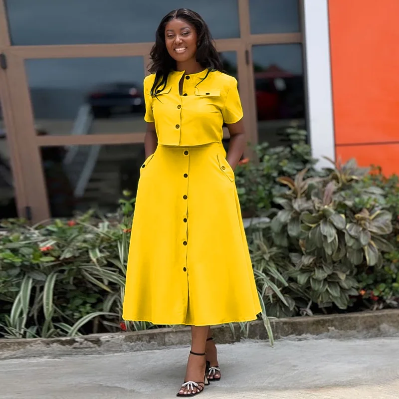 CM.YAYA Women Set Street Short Sleeve O-Neck Button Tops +midi Skirts Suits Two 2 Piece Sets 2024 Summer OL Fitness Tracksuits