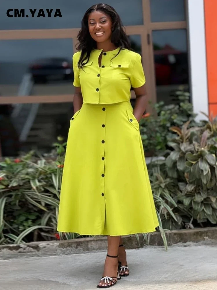 CM.YAYA Women Set Street Short Sleeve O-Neck Button Tops +midi Skirts Suits Two 2 Piece Sets 2024 Summer OL Fitness Tracksuits