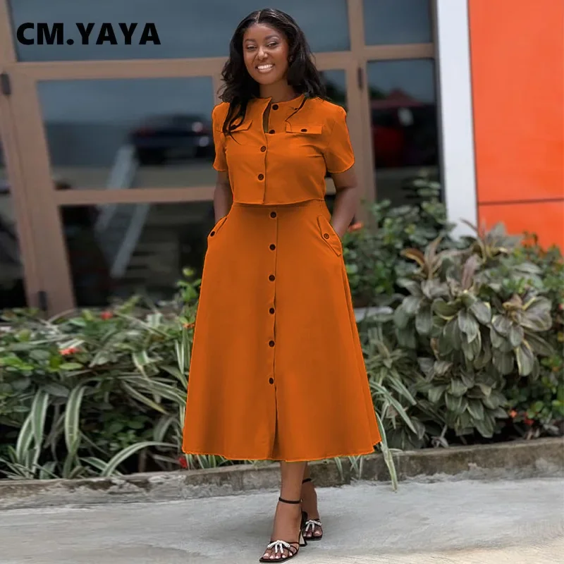 CM.YAYA Women Set Street Short Sleeve O-Neck Button Tops +midi Skirts Suits Two 2 Piece Sets 2024 Summer OL Fitness Tracksuits