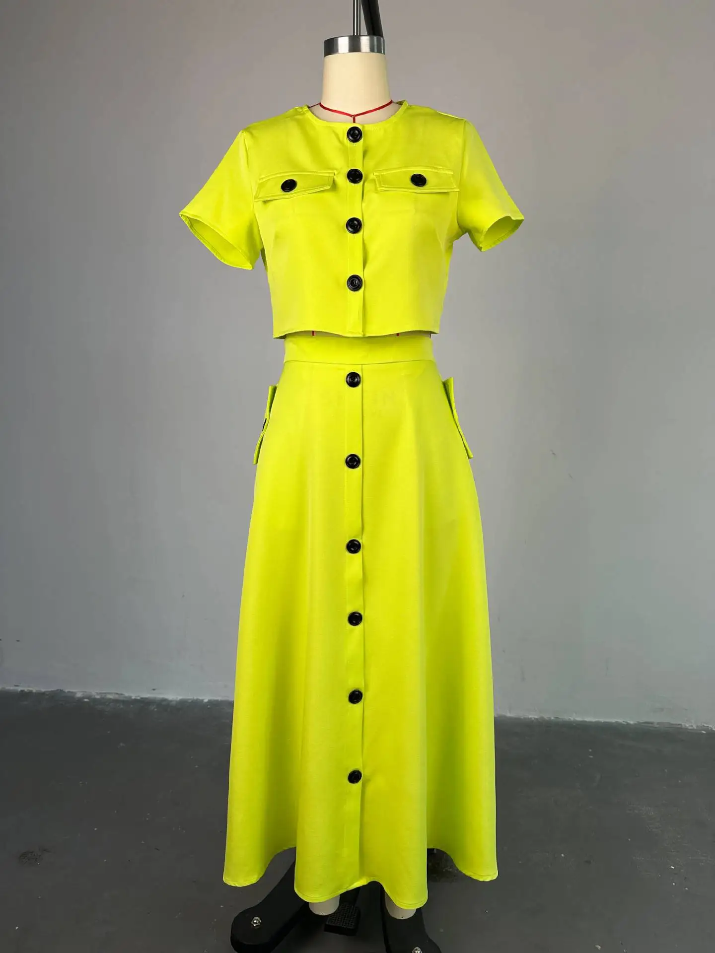 CM.YAYA Women Set Street Short Sleeve O-Neck Button Tops +midi Skirts Suits Two 2 Piece Sets 2024 Summer OL Fitness Tracksuits