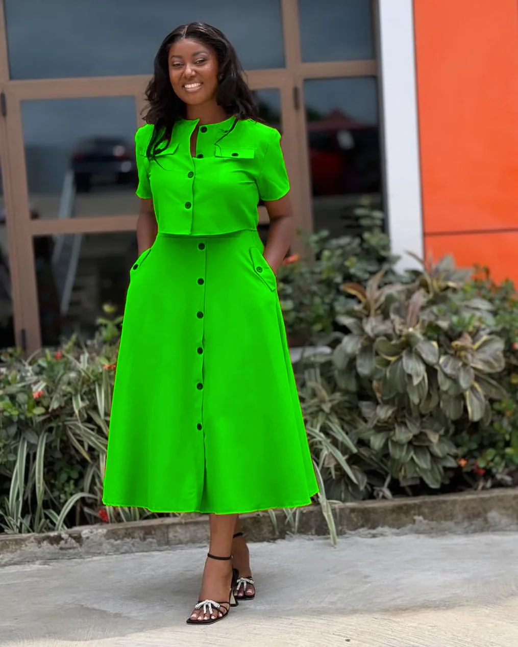 CM.YAYA Women Set Street Short Sleeve O-Neck Button Tops +midi Skirts Suits Two 2 Piece Sets 2024 Summer OL Fitness Tracksuits