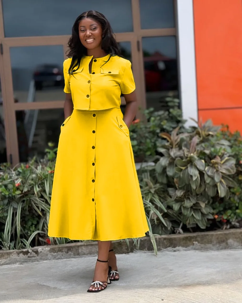 CM.YAYA Women Set Street Short Sleeve O-Neck Button Tops +midi Skirts Suits Two 2 Piece Sets 2024 Summer OL Fitness Tracksuits