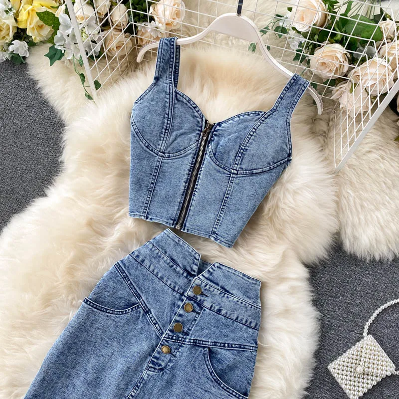 CM.YAYA Women Denim Sets Sleeveless Strap Crop Top and Long Skirts Suits 2024 Summer Jeans Streetwear Two 2 Piece Sets Outfits CM.YAYA Women Denim Sets Sleeveless Strap Crop Top and Long Skirts Suits 2024 Summer Jeans Streetwear Two 2 Piece Sets Outfits