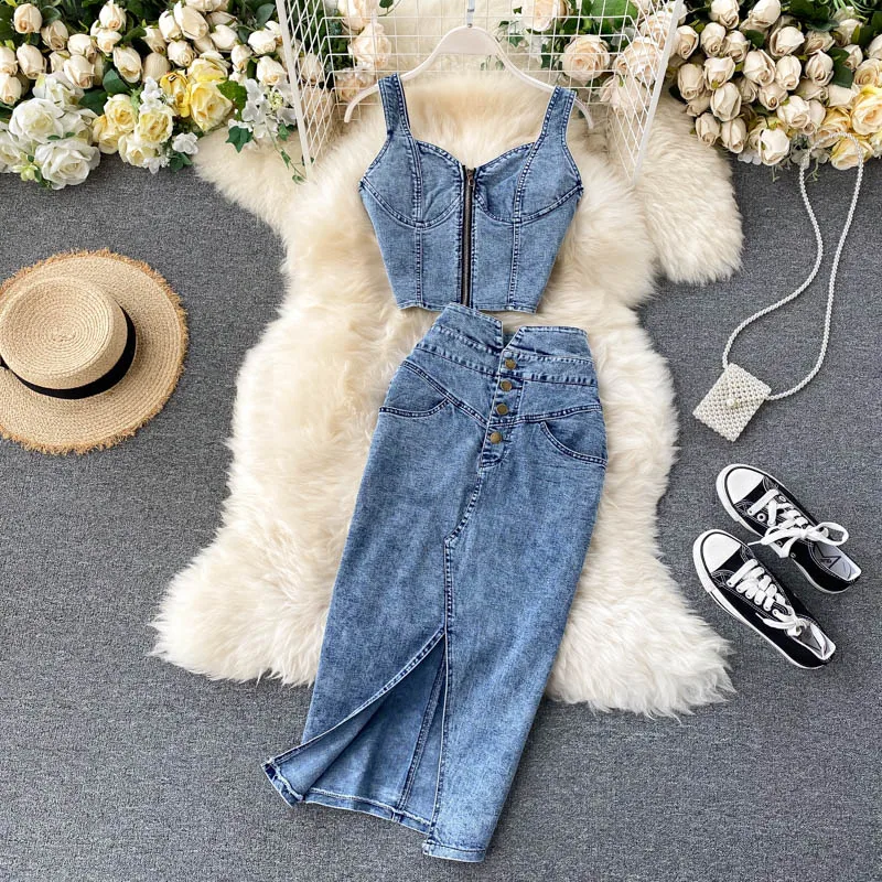 CM.YAYA Women Denim Sets Sleeveless Strap Crop Top and Long Skirts Suits 2024 Summer Jeans Streetwear Two 2 Piece Sets Outfits CM.YAYA Women Denim Sets Sleeveless Strap Crop Top and Long Skirts Suits 2024 Summer Jeans Streetwear Two 2 Piece Sets Outfits