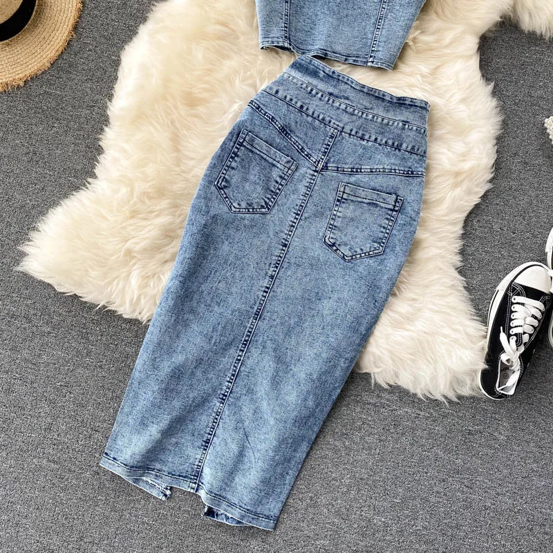 CM.YAYA Women Denim Sets Sleeveless Strap Crop Top and Long Skirts Suits 2024 Summer Jeans Streetwear Two 2 Piece Sets Outfits CM.YAYA Women Denim Sets Sleeveless Strap Crop Top and Long Skirts Suits 2024 Summer Jeans Streetwear Two 2 Piece Sets Outfits