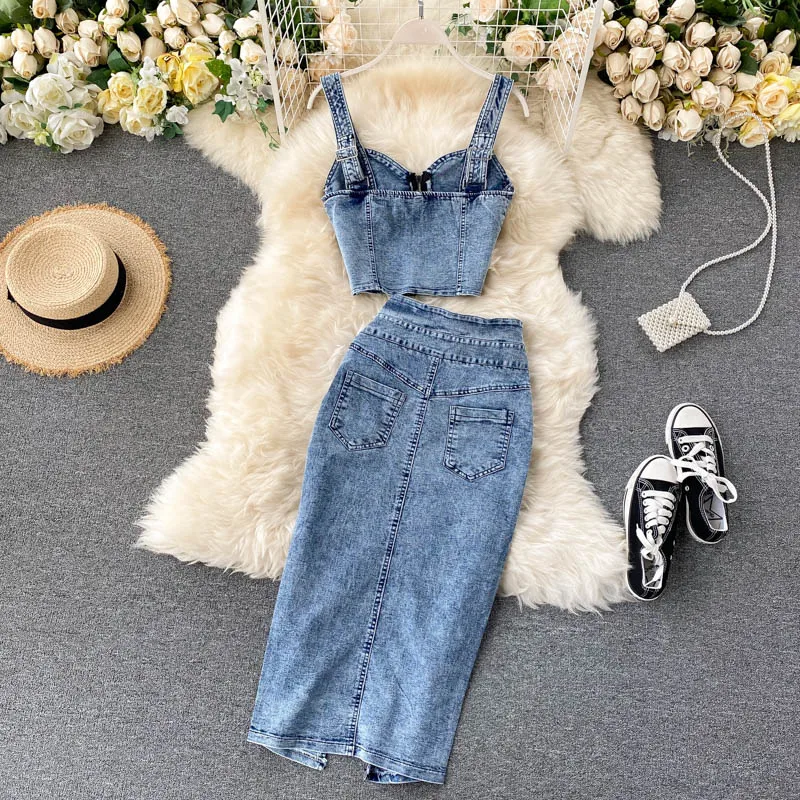 CM.YAYA Women Denim Sets Sleeveless Strap Crop Top and Long Skirts Suits 2024 Summer Jeans Streetwear Two 2 Piece Sets Outfits CM.YAYA Women Denim Sets Sleeveless Strap Crop Top and Long Skirts Suits 2024 Summer Jeans Streetwear Two 2 Piece Sets Outfits
