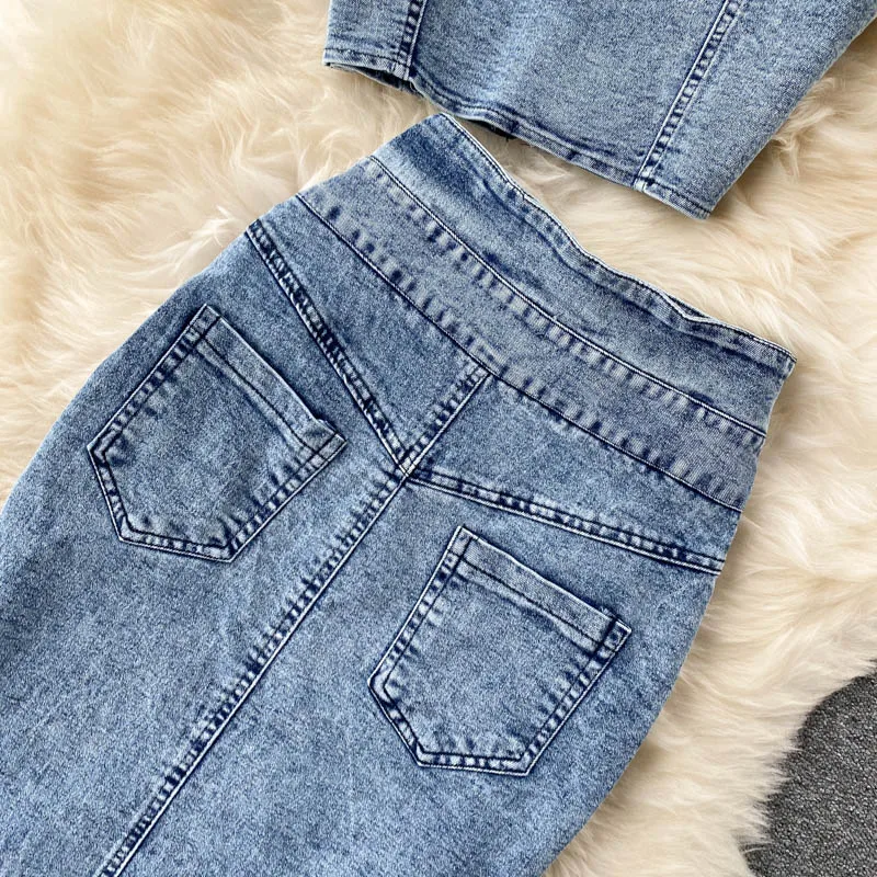 CM.YAYA Women Denim Sets Sleeveless Strap Crop Top and Long Skirts Suits 2024 Summer Jeans Streetwear Two 2 Piece Sets Outfits CM.YAYA Women Denim Sets Sleeveless Strap Crop Top and Long Skirts Suits 2024 Summer Jeans Streetwear Two 2 Piece Sets Outfits
