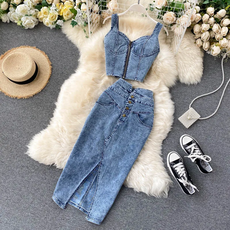 CM.YAYA Women Denim Sets Sleeveless Strap Crop Top and Long Skirts Suits 2024 Summer Jeans Streetwear Two 2 Piece Sets Outfits CM.YAYA Women Denim Sets Sleeveless Strap Crop Top and Long Skirts Suits 2024 Summer Jeans Streetwear Two 2 Piece Sets Outfits