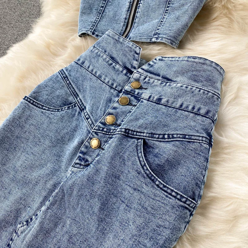 CM.YAYA Women Denim Sets Sleeveless Strap Crop Top and Long Skirts Suits 2024 Summer Jeans Streetwear Two 2 Piece Sets Outfits CM.YAYA Women Denim Sets Sleeveless Strap Crop Top and Long Skirts Suits 2024 Summer Jeans Streetwear Two 2 Piece Sets Outfits