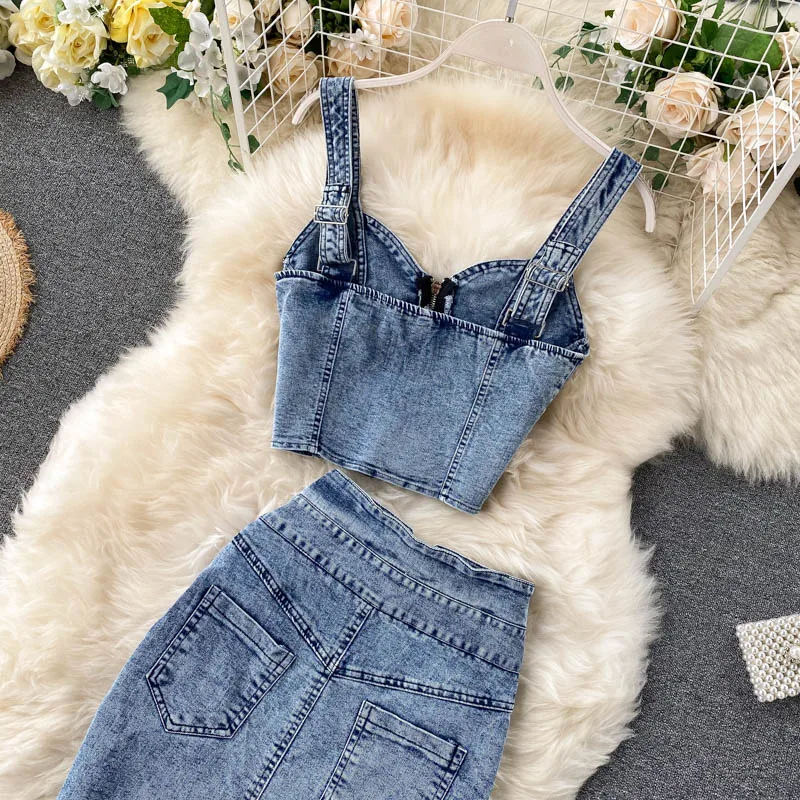 CM.YAYA Women Denim Sets Sleeveless Strap Crop Top and Long Skirts Suits 2024 Summer Jeans Streetwear Two 2 Piece Sets Outfits CM.YAYA Women Denim Sets Sleeveless Strap Crop Top and Long Skirts Suits 2024 Summer Jeans Streetwear Two 2 Piece Sets Outfits
