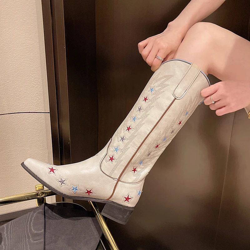 2025 New Retro Star Boots Embroidered Pointed Western Cowboy Cowgirl Boots Women's Thick Heel High Boots