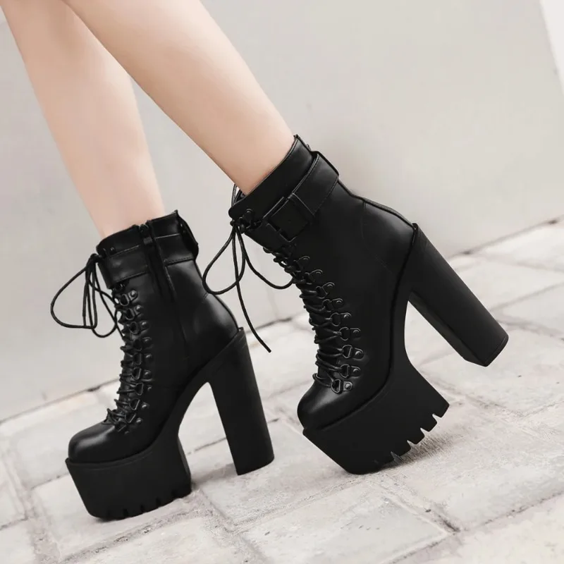 Women's Platform Chunky High Heel Ankle Boots Black Buckle Strap Lace Up Side Zipper Motorcycle Boots Punk Style Shoes Women's Platform Chunky High Heel Ankle Boots Black Buckle Strap Lace Up Side Zipper Motorcycle Boots Punk Style Shoes
