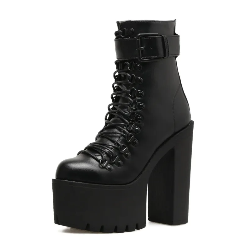 Women's Platform Chunky High Heel Ankle Boots Black Buckle Strap Lace Up Side Zipper Motorcycle Boots Punk Style Shoes